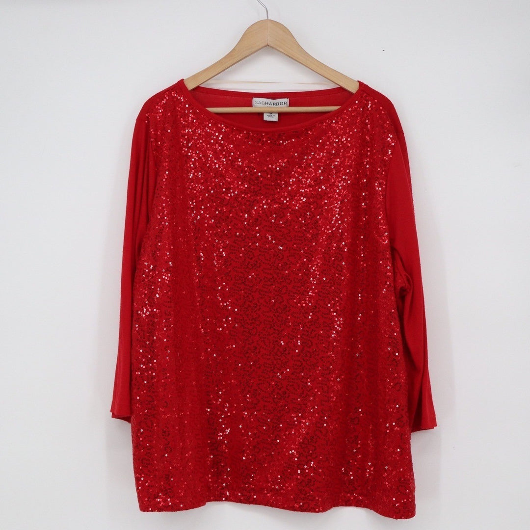 Sag Harbor Woman Red Sequin Front Long Sleeve Holiday Blouse Top 3X