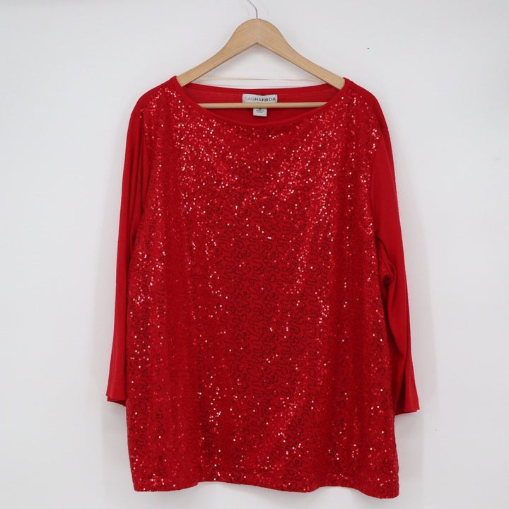Sag Harbor Woman Red Sequin Front Long Sleeve Holiday Blouse Top 3X
