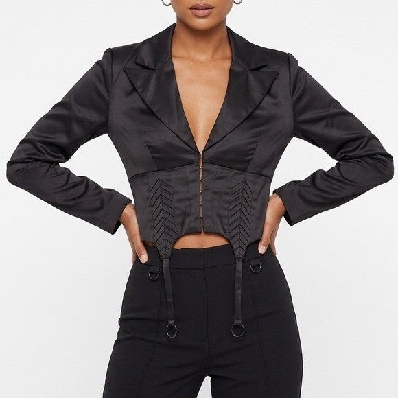 Naked Wardrobe The Statement Black Cropped Garter Blazer Jacket M