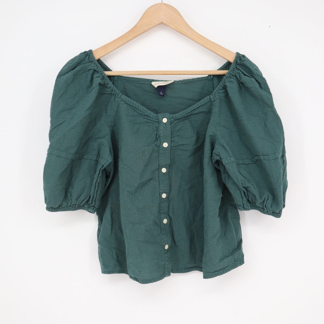 Universal Thread Womens Dark Green Dobby Cotton Puff Sleeve Button Top Small