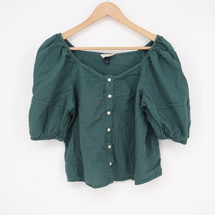 Universal Thread Womens Dark Green Dobby Cotton Puff Sleeve Button Top Small