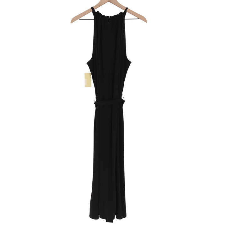Michael Kors Black Halter Neck Midi Dress Ruffle Keyhole Ring Belted Large NEW