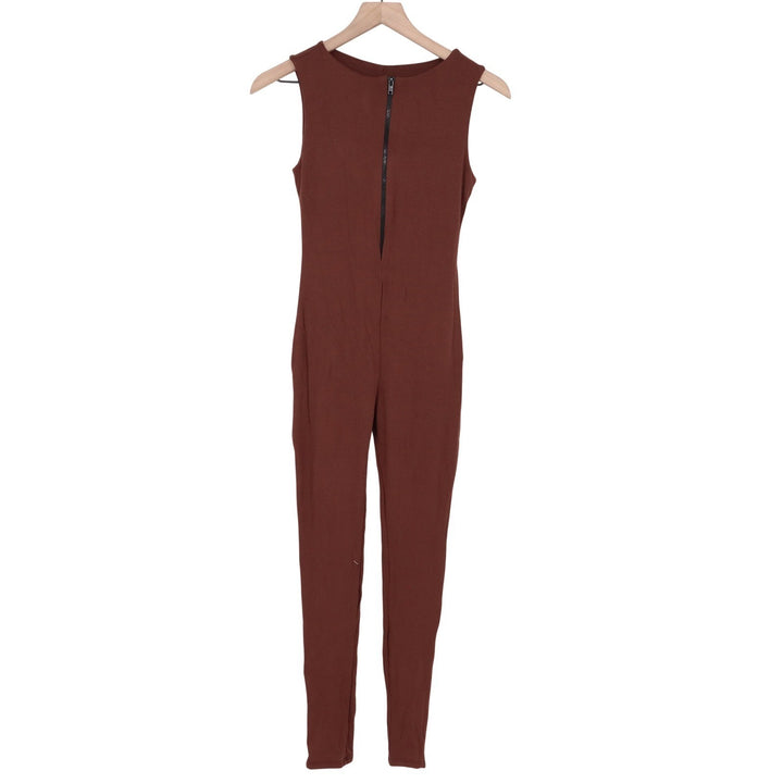 Naked Wardrobe Baby Mama Brown Sleeveless Front Zip Jumpsuit Medium