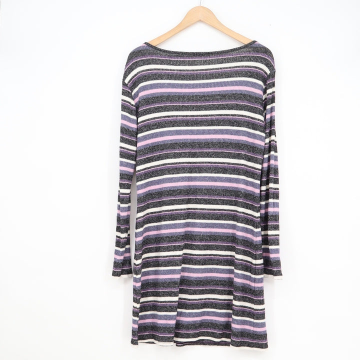 Striped Ribbed Knit Long Sleeve Scoop Neck Mini Sweater Dress Purple Grey White
