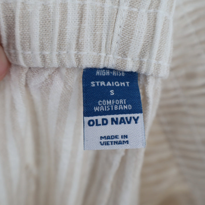 Old Navy Pants Womens Small Beige Striped High Rise Elastic Waist Straight Leg