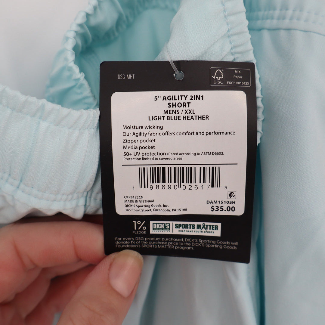 DSG Mens XXL Agility 2-in-1 Training Shorts Light Blue Heather 5 Inch Inseam