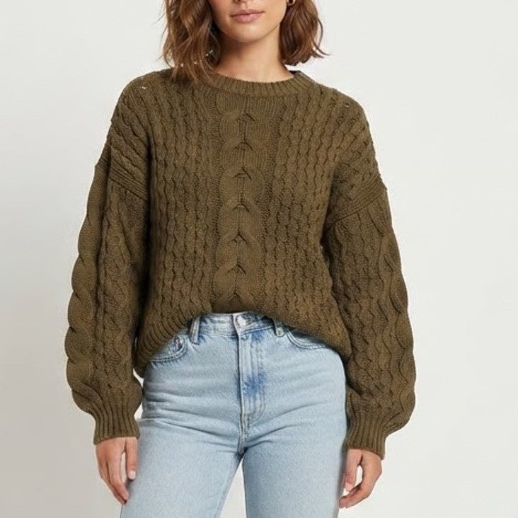 Moon & Madison Olive Green Cable Knit Sweater Crew Neck Chunky Pullover Medium