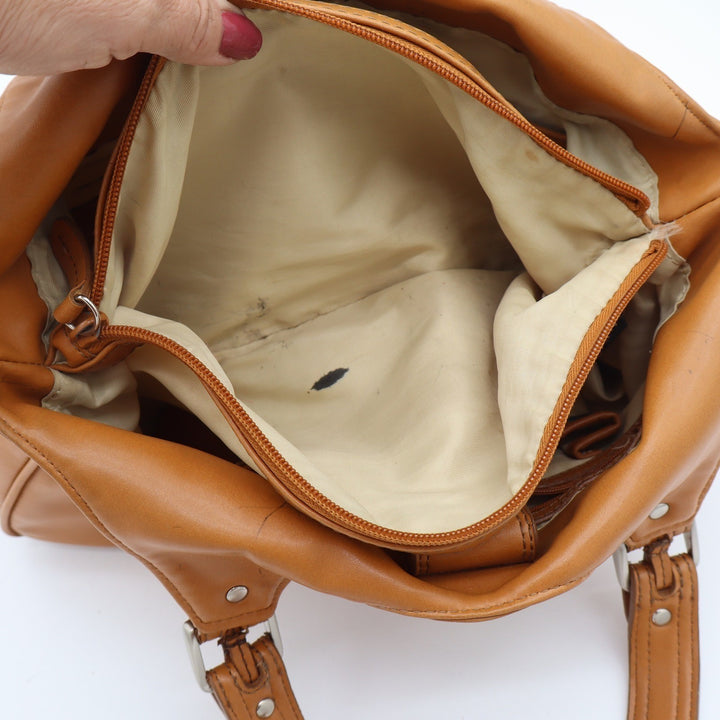 Nine West Shoulder Bag Womens Medium Tan Faux Leather Multi Pocket Satchel Good