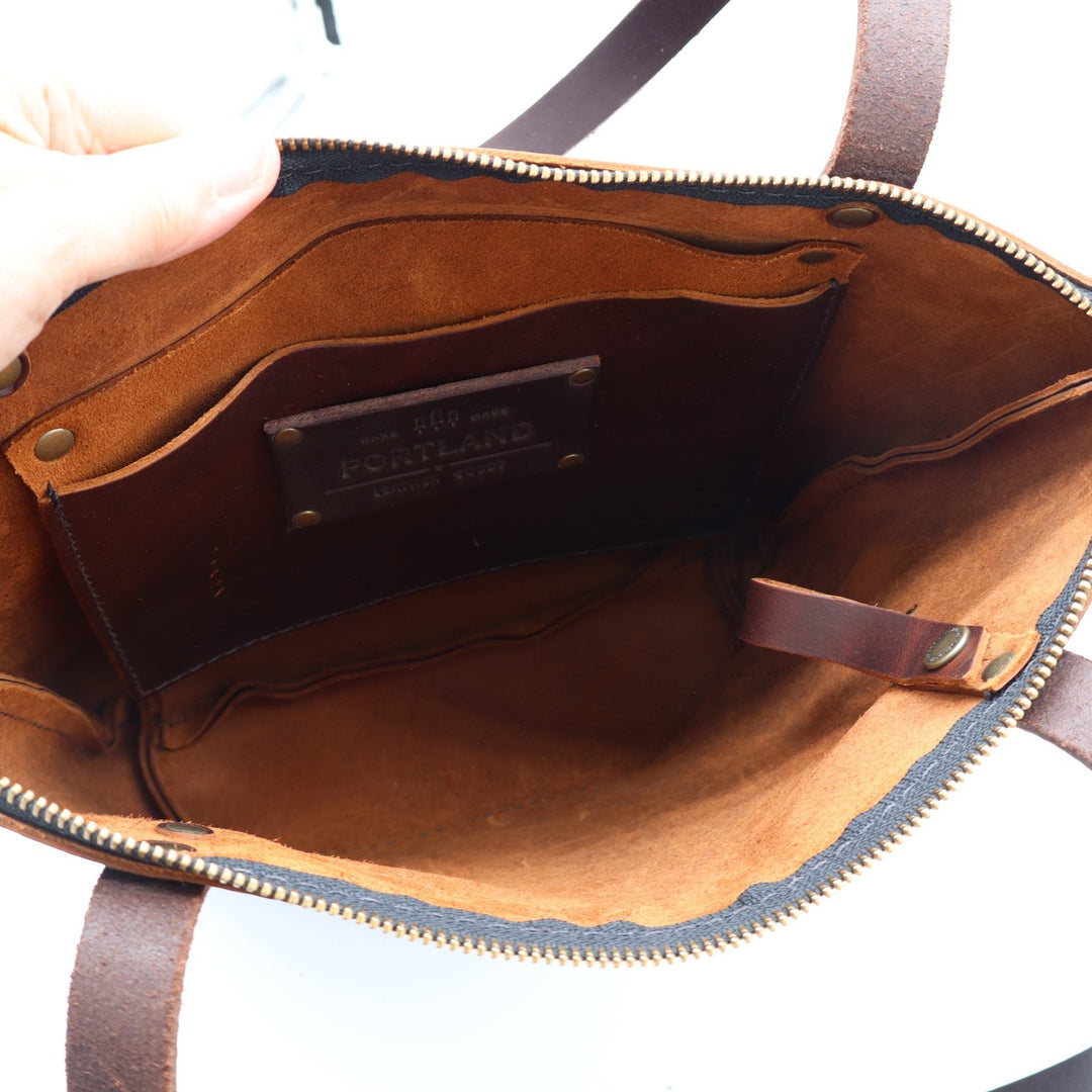 Portland Leather Goods Brown Leather Zip Top Tote Bag Handcrafted Medium