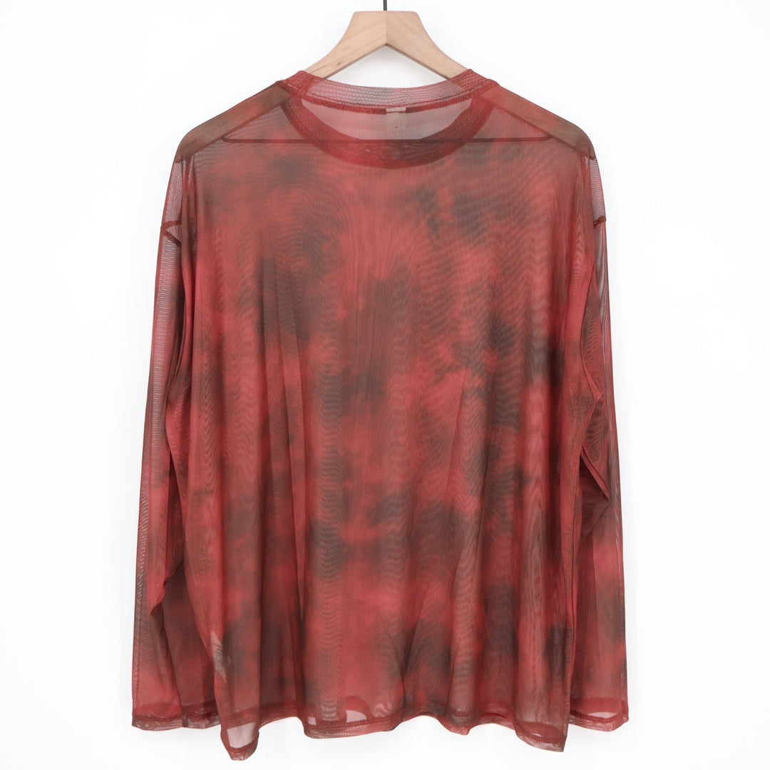 Mesh Shirt Medium Red Black Tie Dye Sheer Long Sleeve Crew Neck Pullover