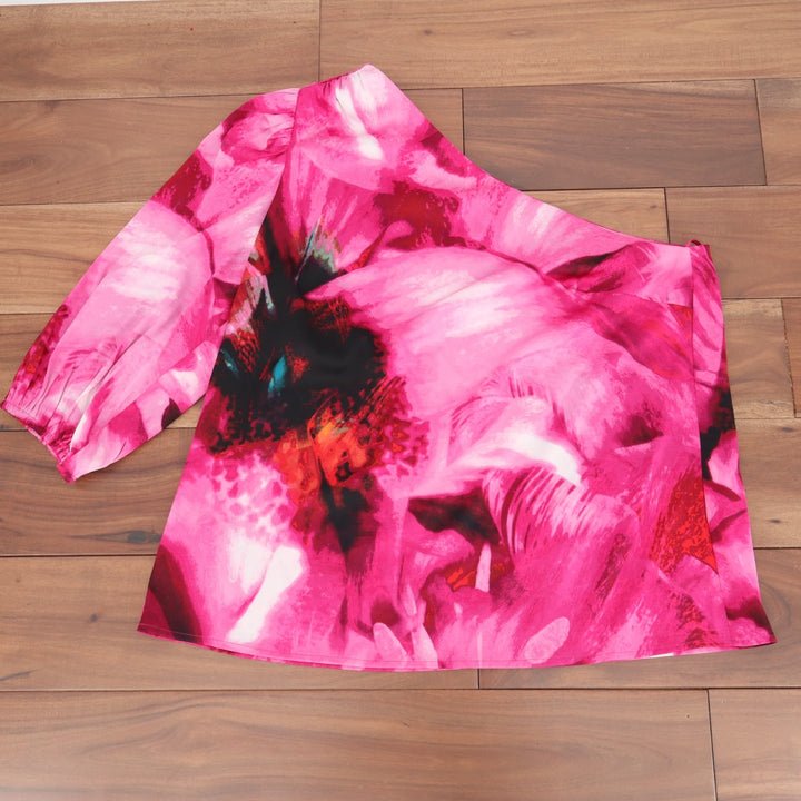 INC International Concepts One Shoulder Blouse Top Womens M Pink Abstract Print