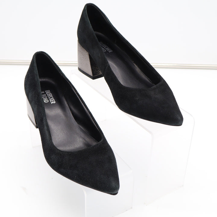 Bleecker & Bond Yasmine Black Suede Pointed Toe Metallic Block Heel Pumps Size 6