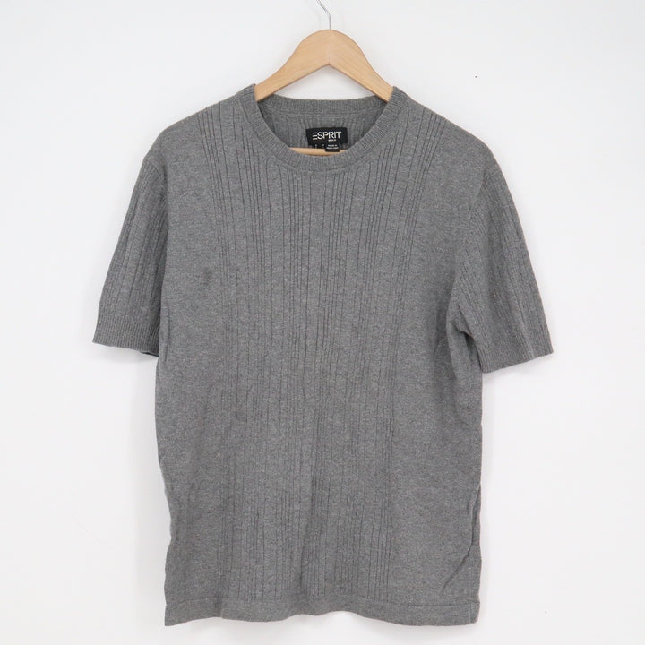 Esprit Men Gray Ribbed Short Sleeve Cotton Knit Crew Neck Sweater Size M
