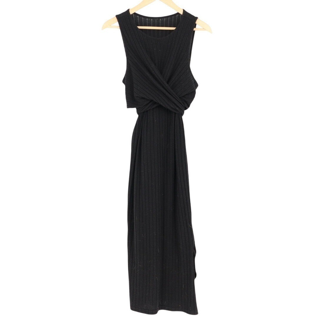 Black Ribbed Knit Maxi Dress Sleeveless Wrap Front Tie Waist