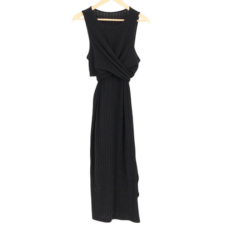 Black Ribbed Knit Maxi Dress Sleeveless Wrap Front Tie Waist