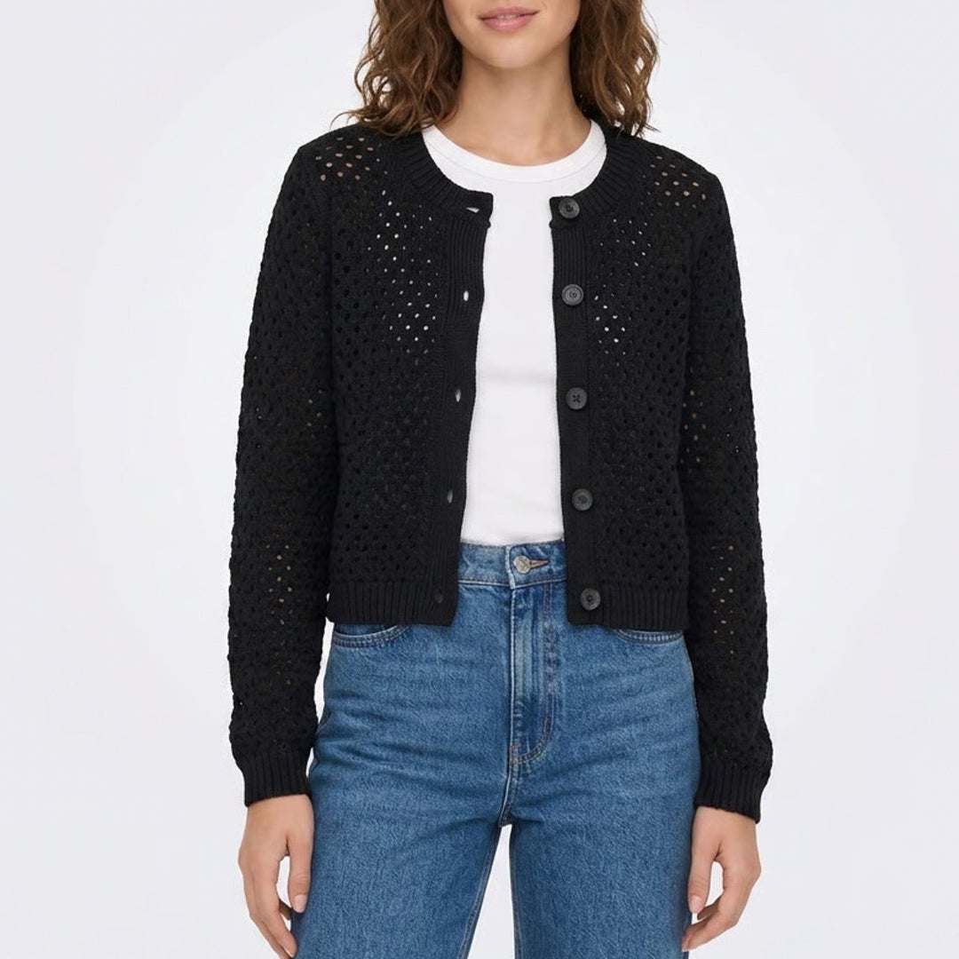 Gap Womens Black Open Knit Cotton Cardigan Sweater Size L Crochet Pointelle