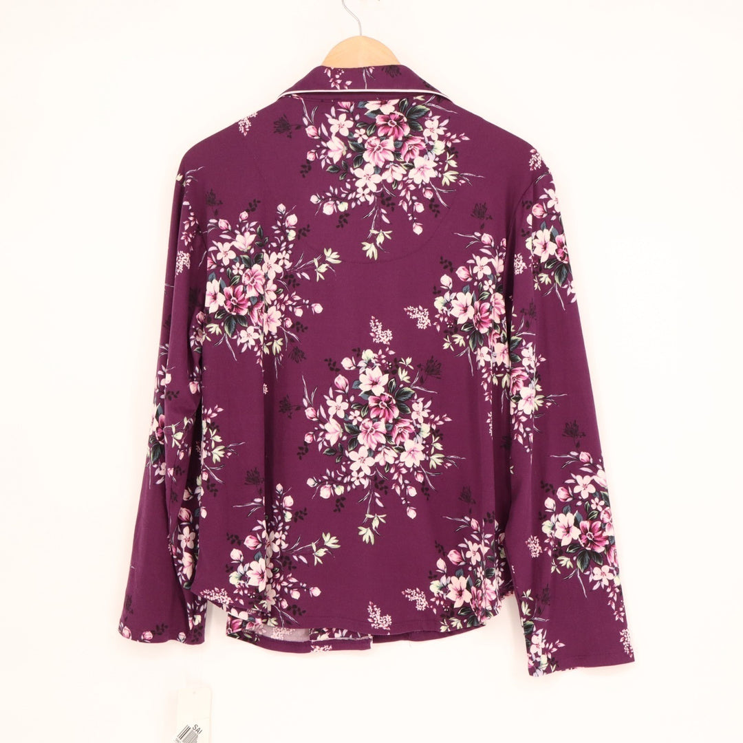 Flora by Flora Nikrooz Pajama Top Womens Medium Plum Floral Stretch Lapel Collar