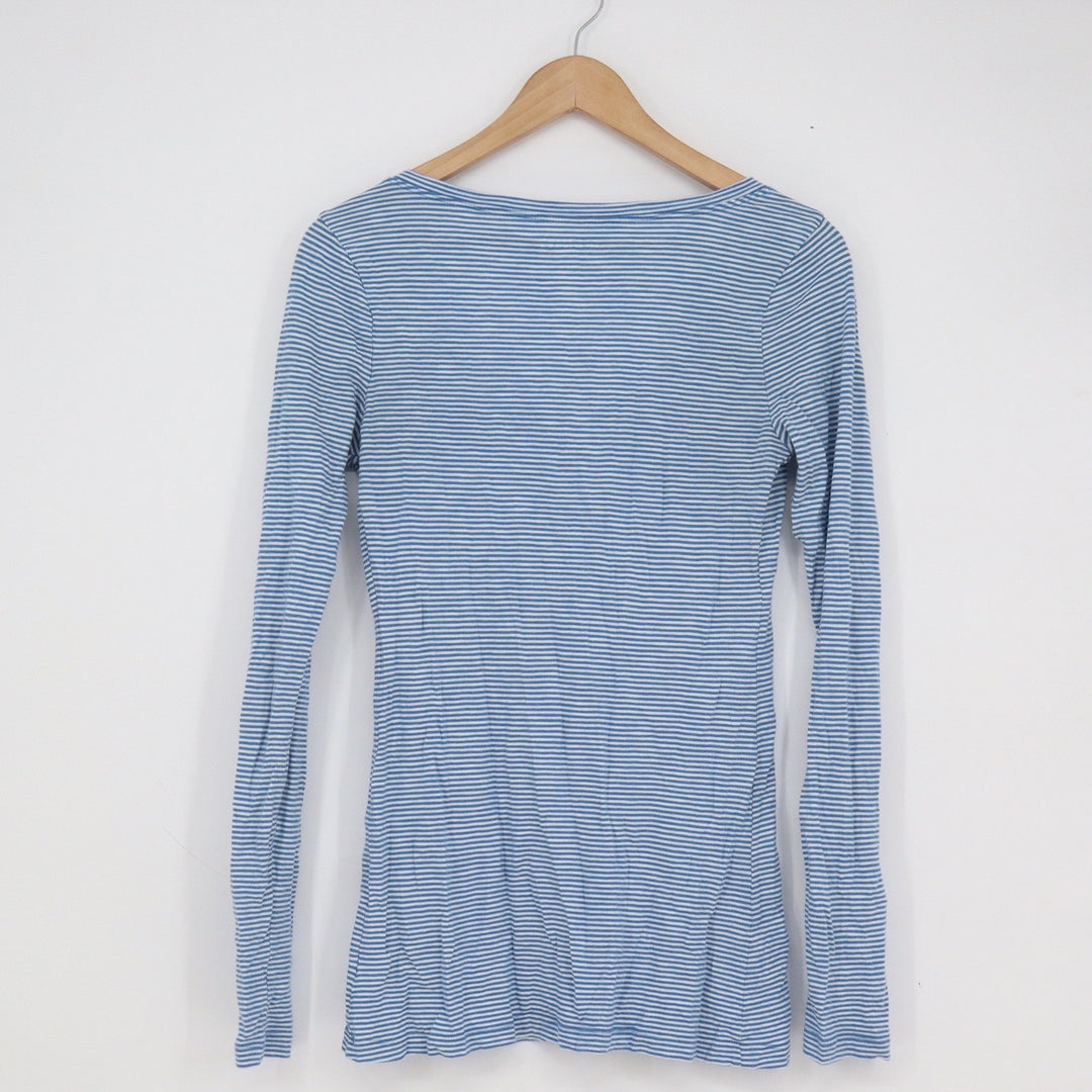 Old Navy Womens Blue White Striped Ruffle Henley Long Sleeve Top Tall Medium