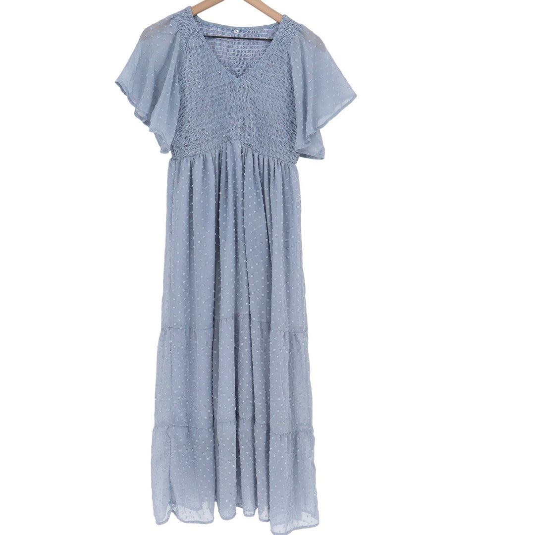 Womens Dusty Blue Swiss Dot Smocked Maxi Dress Boho Flutter Sleeve Tiered M