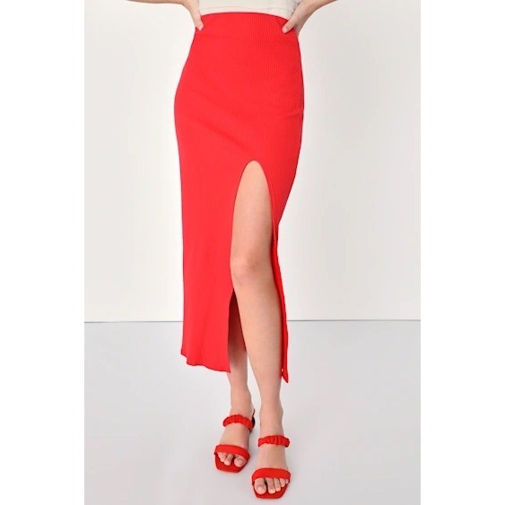 Lulus Ribbed Knit Midi Skirt with Side Slit Red Size Small