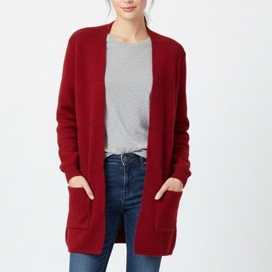JOSEPH A Petite Cardigan Sweater Red Striped Knit Pockets Open Front PS