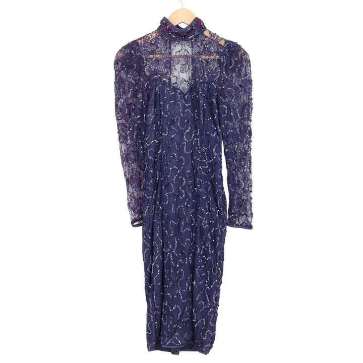 Jessica McClintock Vintage 80s Navy Sequin Lace Open Back Bow Dress Size 6 11508