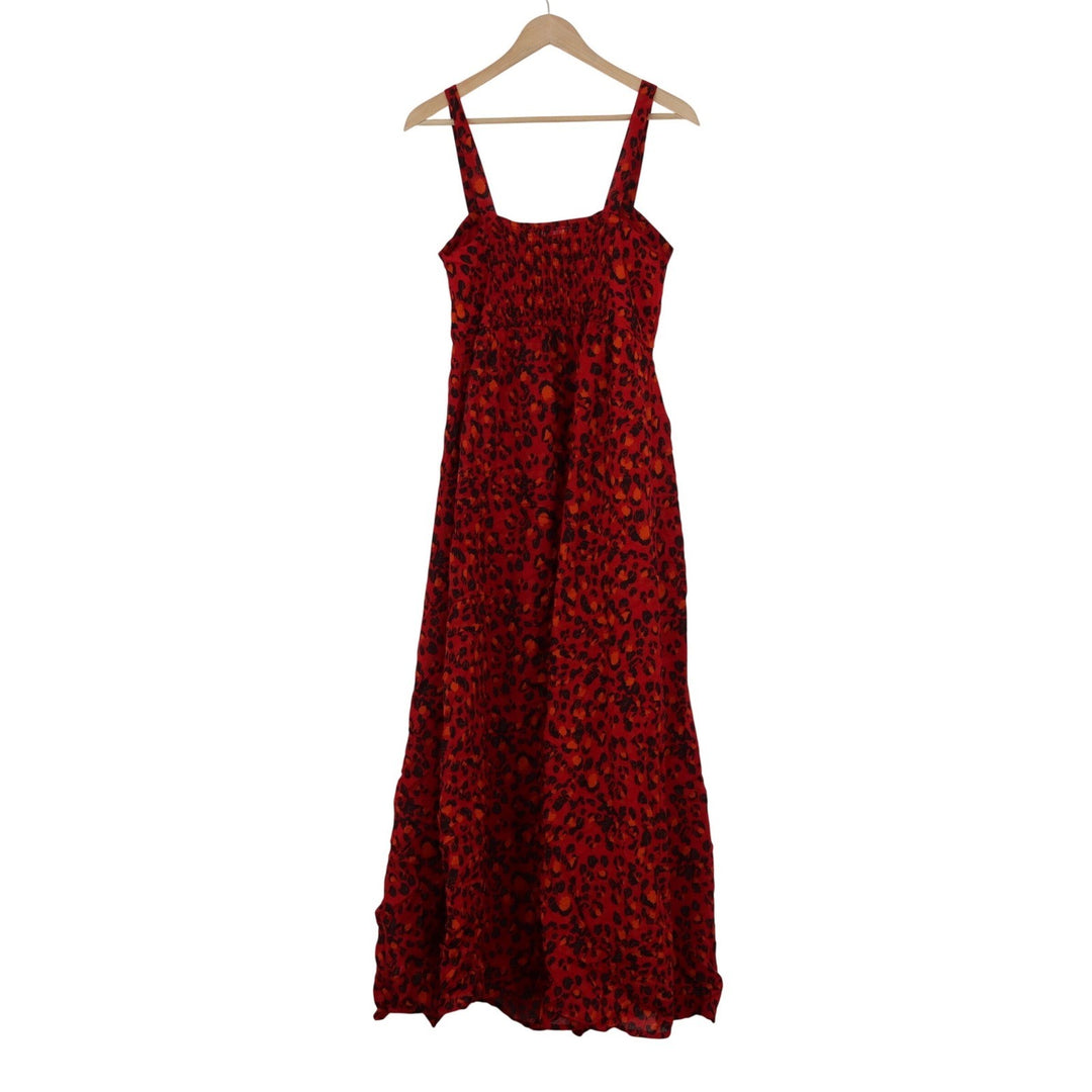 Alya Red Leopard Print Button Front Maxi Dress Smocked Back 79404 Mens Size M