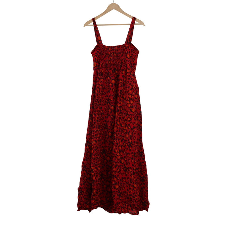 Alya Red Leopard Print Button Front Maxi Dress Smocked Back 79404 Mens Size M