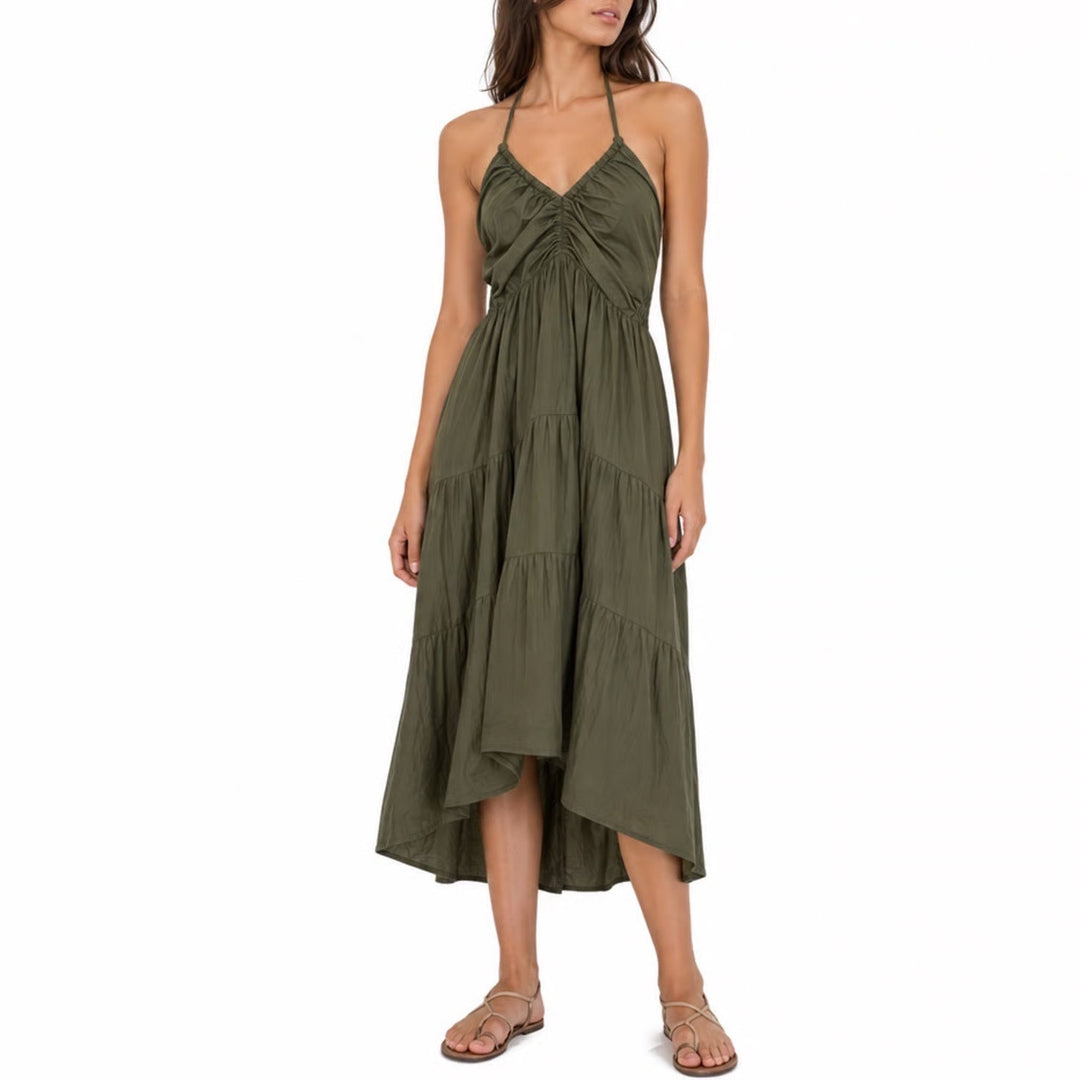 Maxi Dress Womens Large Olive Green Tiered Smocked Back Pleated Halter Neck
