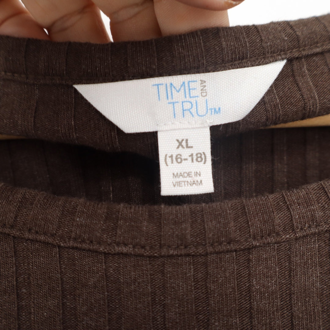 Time and Tru Brown Ribbed Knit Long Sleeve Crew Neck Top XL 16-18