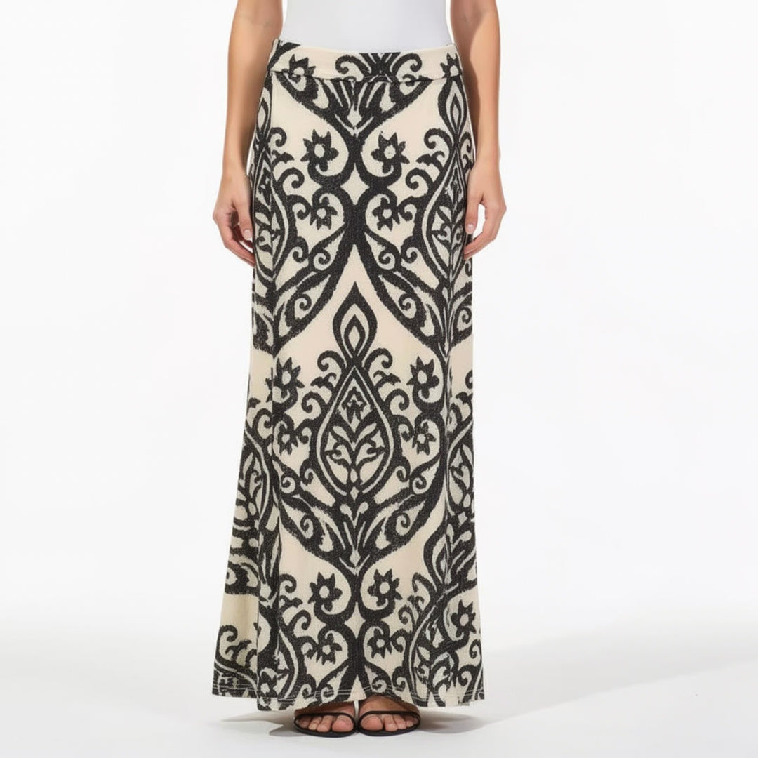 Cezanne Womens Black Tan Damask Ikat Print Jersey Maxi Skirt Size M