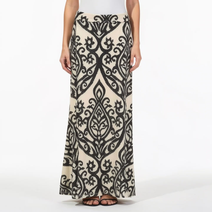Cezanne Womens Black Tan Damask Ikat Print Jersey Maxi Skirt Size M