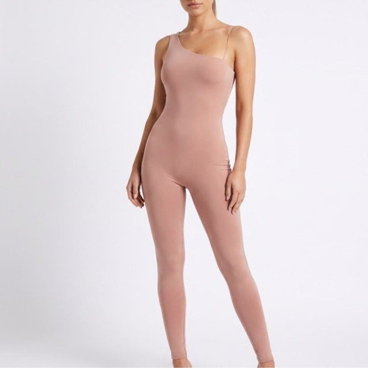 Naked Wardrobe One Shoulder Ribbed Jumpsuit Coco Brown L