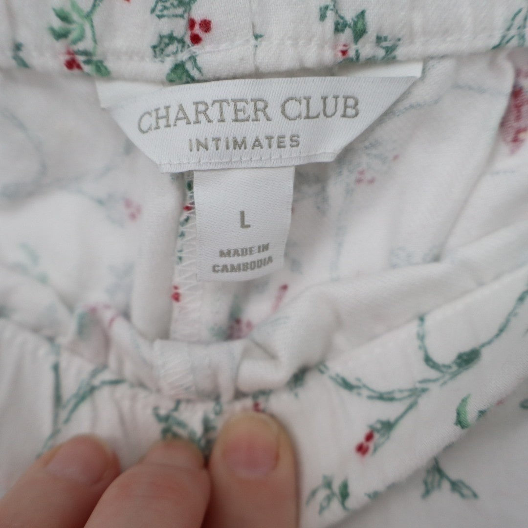 Charter Club Intimates Pajama Pants Women Large White Floral Cotton Straight Leg