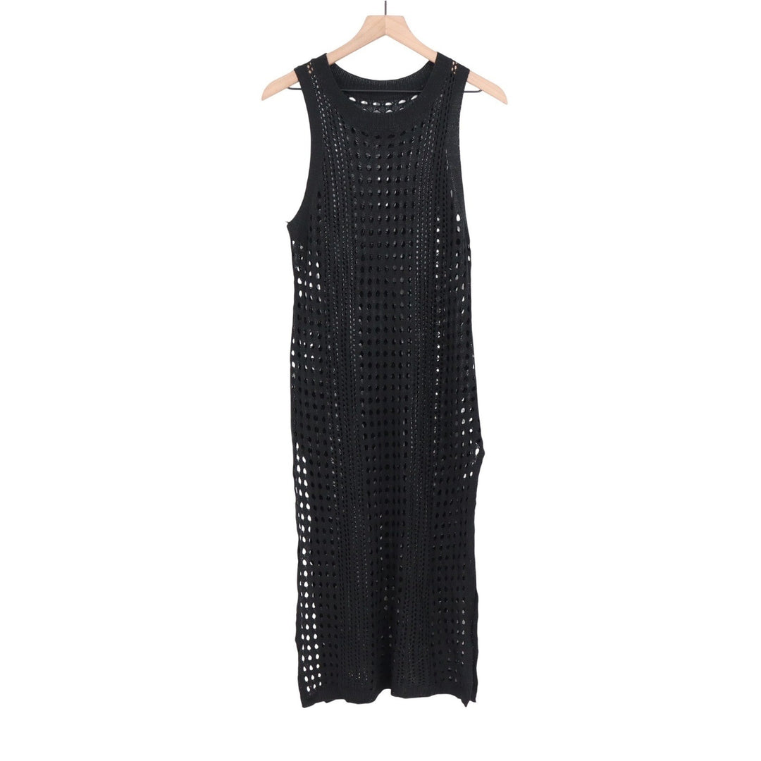 Black Crochet Knit Sleeveless Midi Dress Open Work Beach Coverup One Size