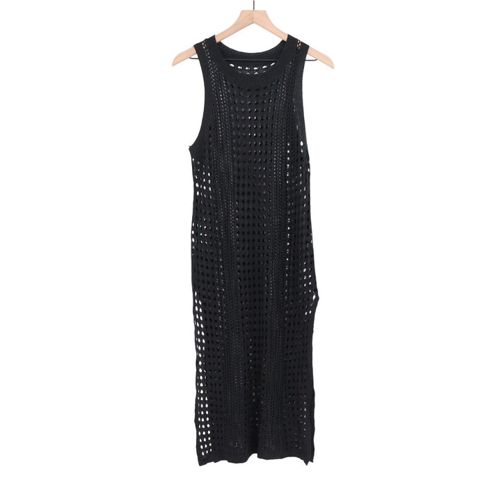 Black Crochet Knit Sleeveless Midi Dress Open Work Beach Coverup One Size