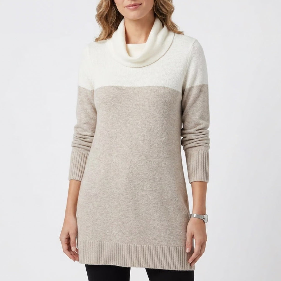 Tahari Women's Cowl Neck Color block Tunic Sweater Tan Cream Size L