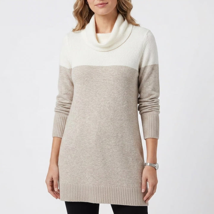 Tahari Women's Cowl Neck Color block Tunic Sweater Tan Cream Size L