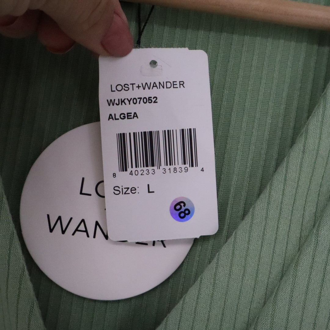 Lost + Wander Algea Sage Green Ribbed V-Neck Button Front Cardigan L