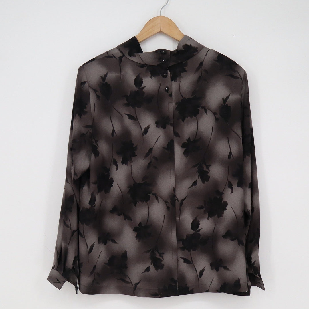 Esika Gray Black Floral Mock Neck Blouse Long Sleeve Button Back Top