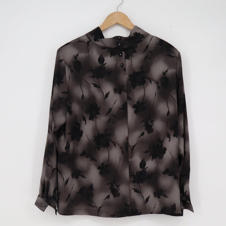 Esika Gray Black Floral Mock Neck Blouse Long Sleeve Button Back Top