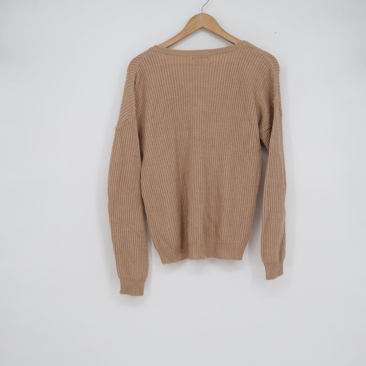 Poof Apparel Womens V-Neck Ribbed Knit Sweater Camel Tan Size M