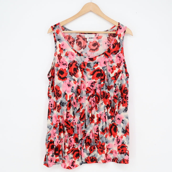 Van Heusen Womens XL Red Pink Floral Sleeveless Ruffle Front Blouse Top USA Made
