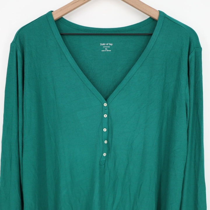 State of Day Intimates Sleep Top Womens XL Green Ribbed Long Sleeve Henley Neck