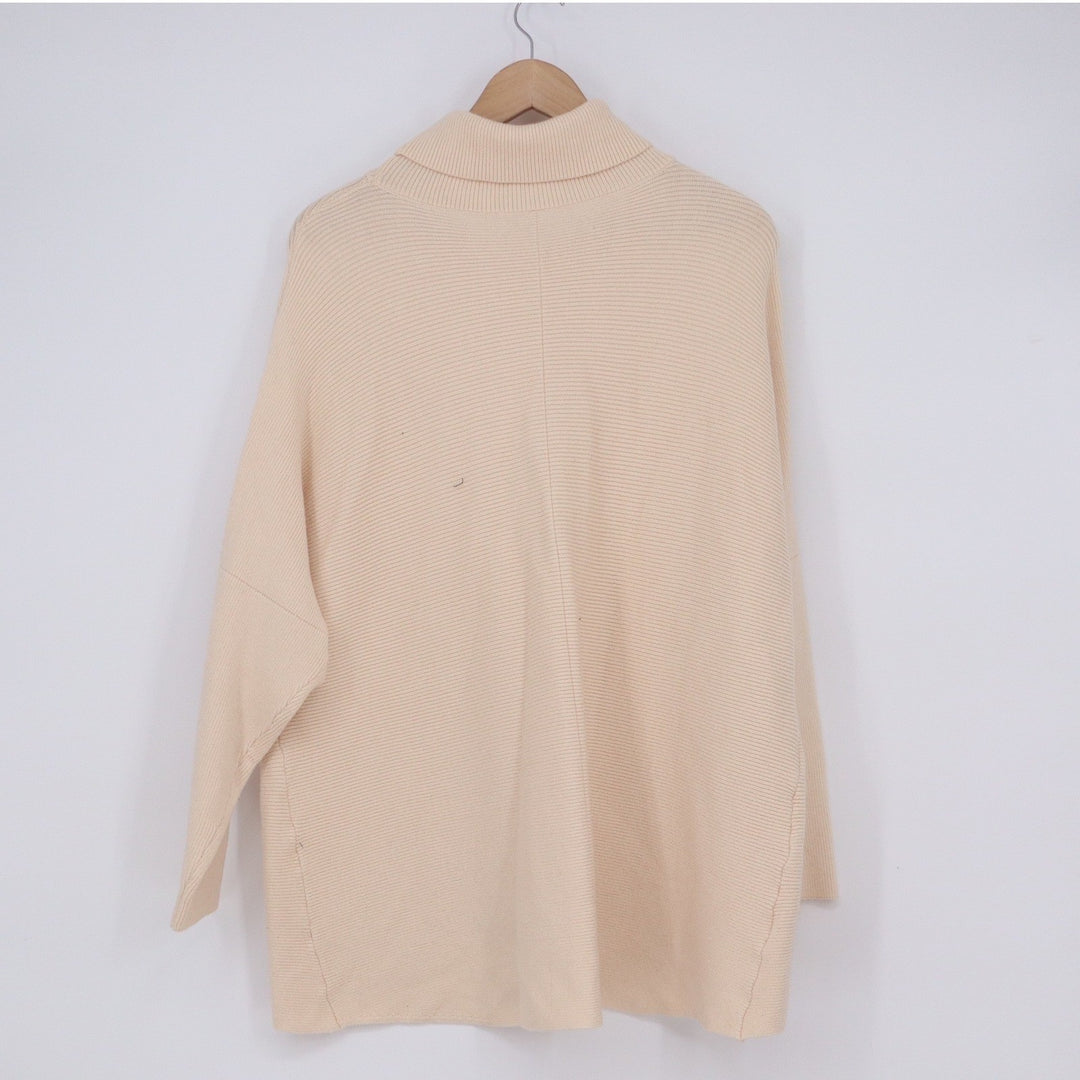 Oversized Cream Beige Ribbed Turtleneck Batwing Sleeve Knit Sweater Medium