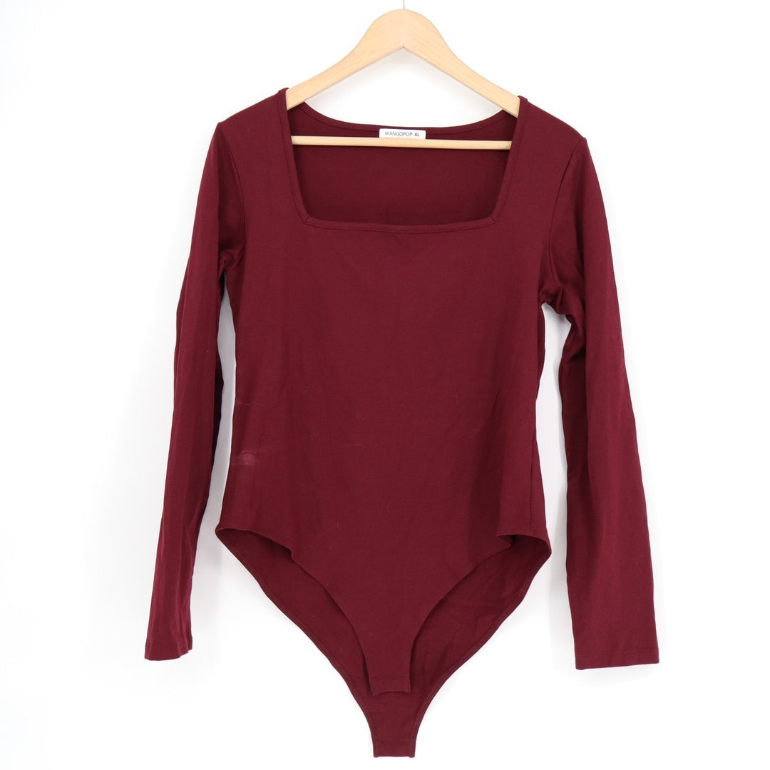 Mangopop Bodysuit One Piece Womens XL Maroon Knitted Long Sleeve Square Neck