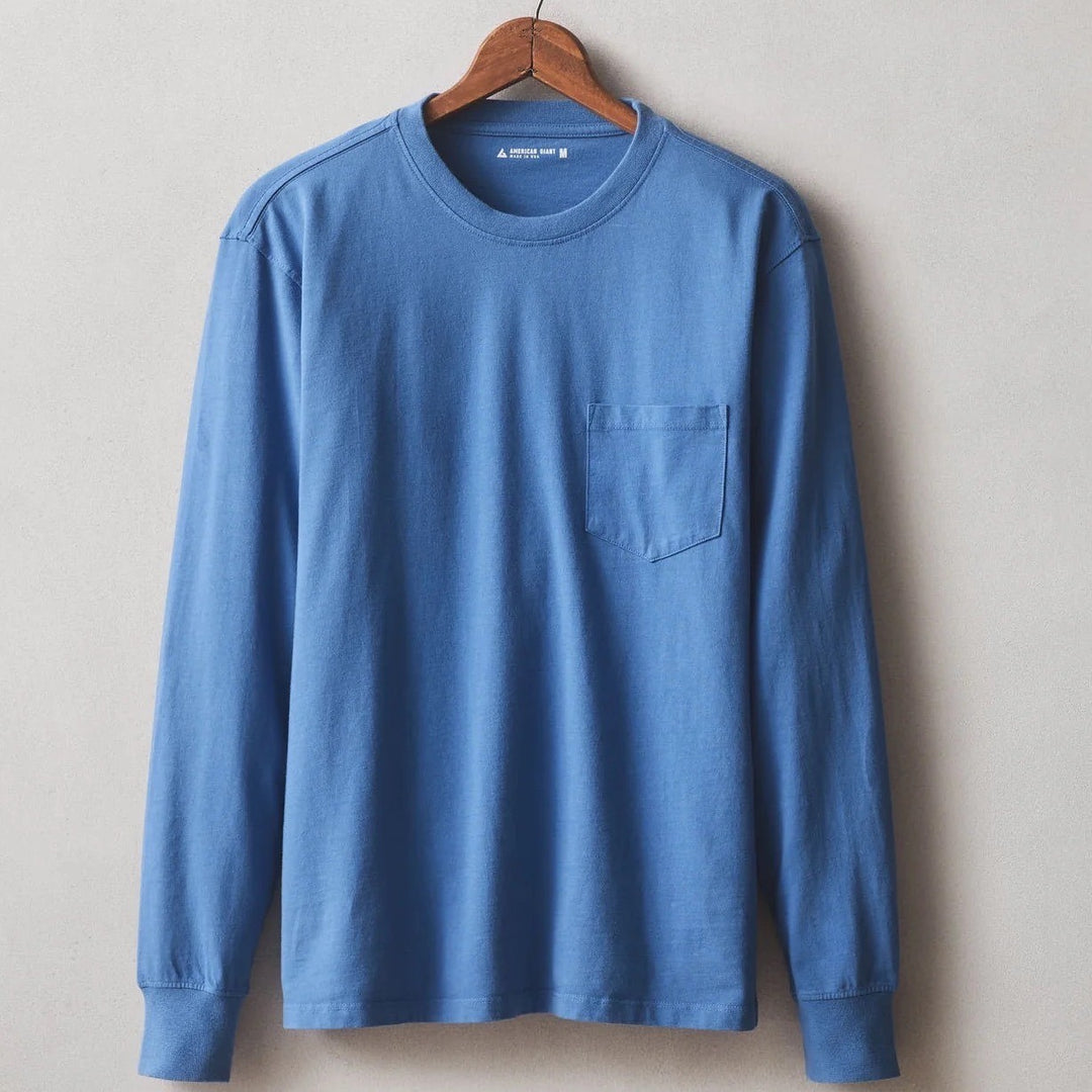 American Giant Blue Cotton Long Sleeve Pocket T Shirt Size S Made in USA