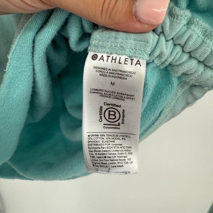 Athleta Lombard Ruched Sweatshirt Womens Medium Mint Blue Stretch Down Shoulder