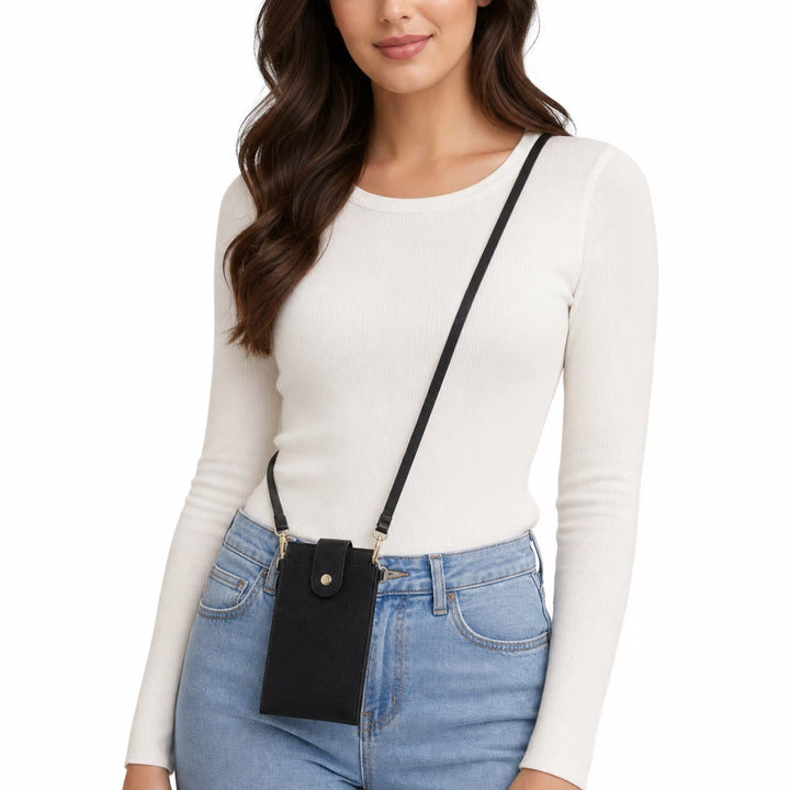 Black Pebbled Vegan Leather Crossbody Phone Bag Wallet with ID Window Gold Zip