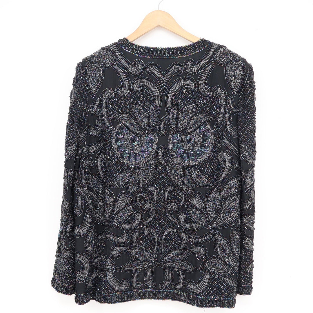 Nipon Night Silk Beaded Jacket XL Black Iridescent Sequin Paisley Open Front